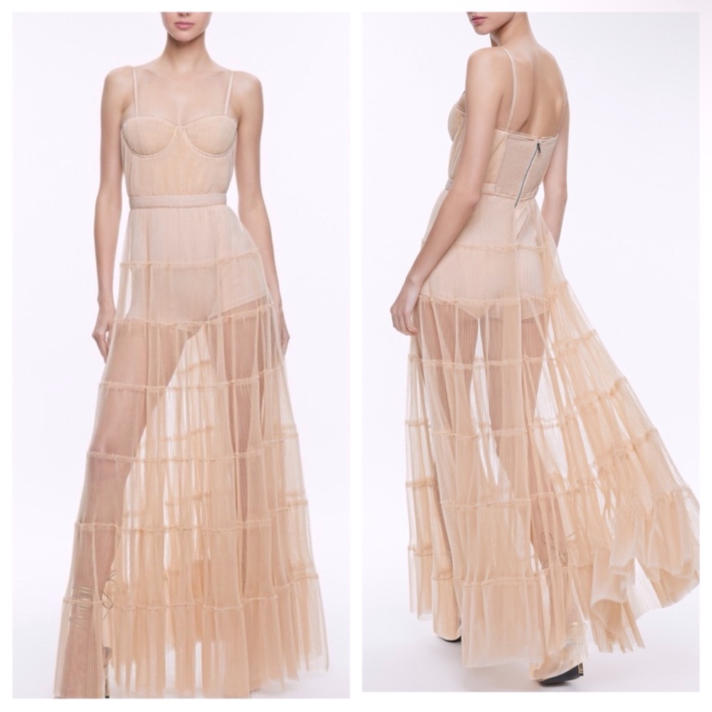 Alice + Olivia DEENA Tulle Pleated Sheer Gown Dress Almond Organza Hot Pants 8